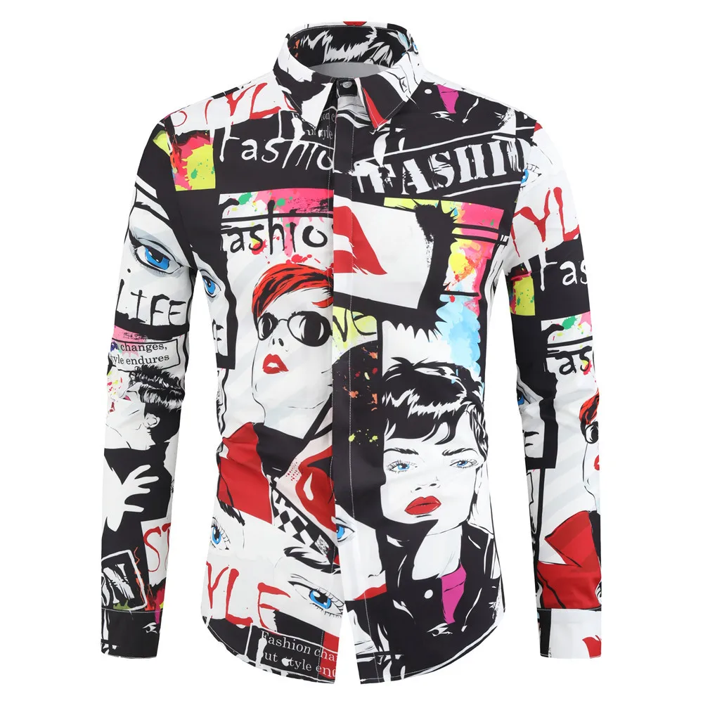 

Fashion Men's Shirt Print Lapel Single Breasted Long Sleeve Personality Abstract Graffiti Male Loose Male Streetwear