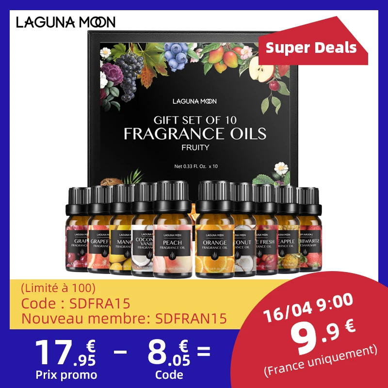 

Lagunamoon 10ml 10pcs Kit Fragrance Oil Set Orange Coconut Vanilla Apple Strawberry Lemon Essential Oil for Diffuser Soap Candle