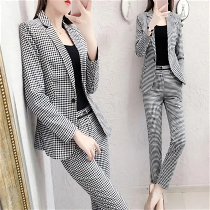 

Fashion pants suit women autumn New Plus size Plaid suit suit feminine long-sleeved tooling suit pants two-piece Sets women