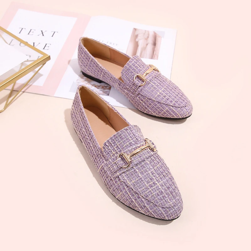 

Women Flat Loafers Mixed Color Shallow Slip on Shoes Metal Decoration Ballet Flats Round Toe Slide Black Apricot Sandalias Mujer