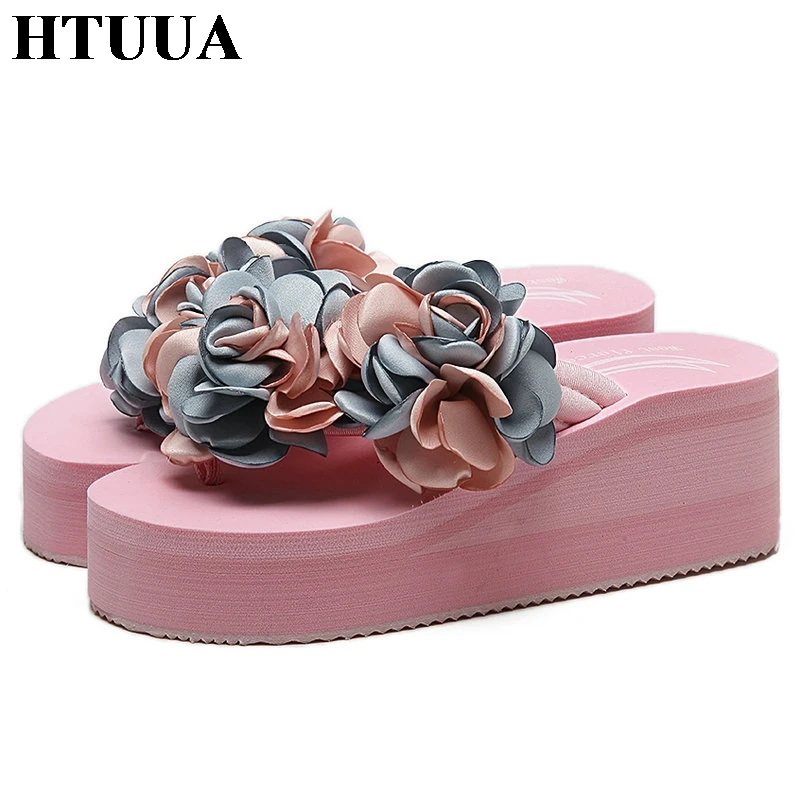 Шлепанцы HTUUA 2020 женские с цветами ручной работы пляжные сандалии на платформе