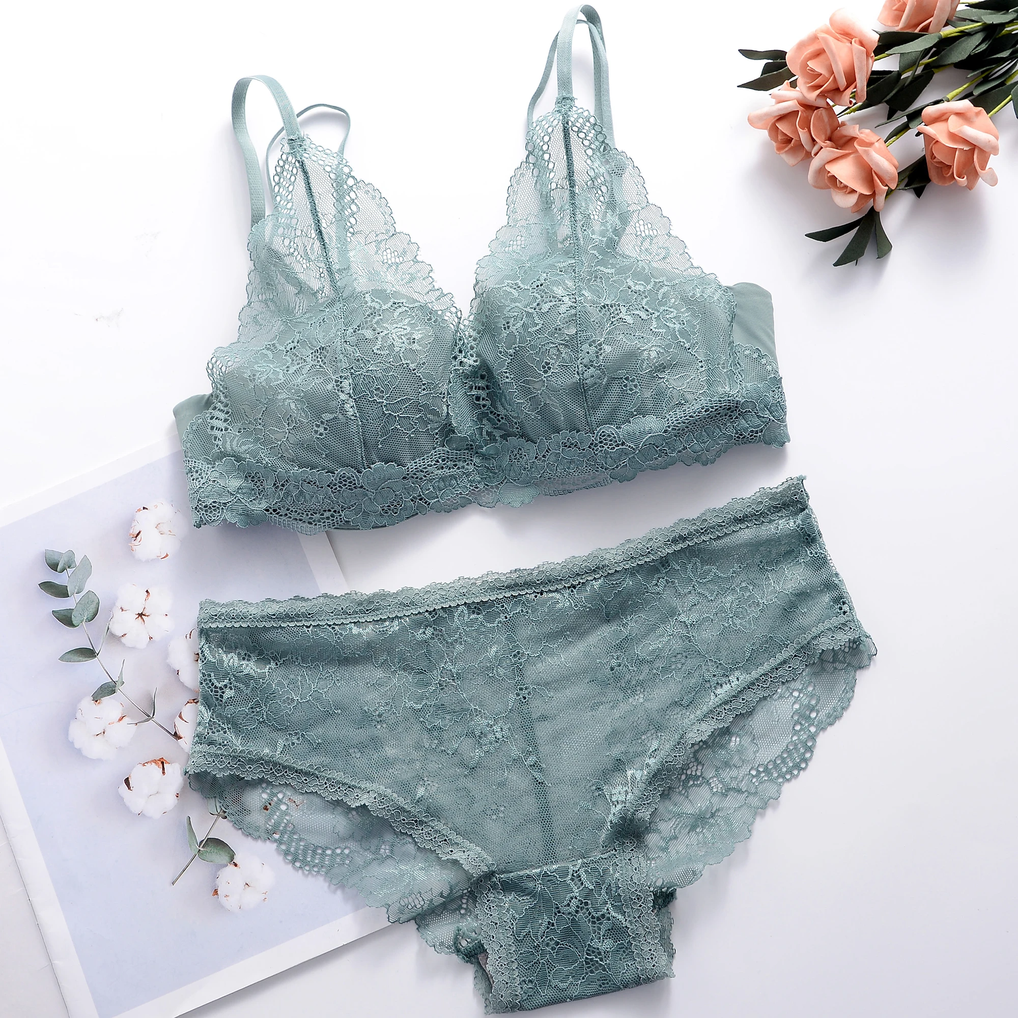 Women Lace Bra+Panties Sets Push Up Gather Bras Underwear Sexy Bralette Ultrathin Briefs Female Intimates