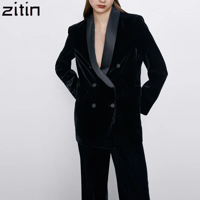 Женский бархатный пиджак с длинным рукавом винтажный стильный отложным