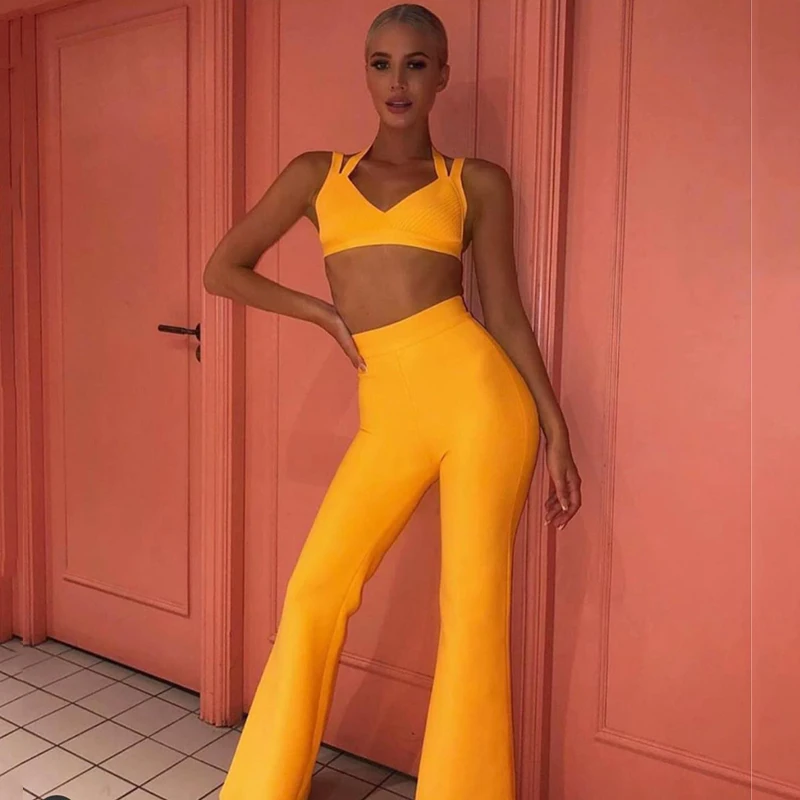 INDRESSME новинка 2019 сексуальный укороченный топ с лямкой на шее и расклешенные штаны