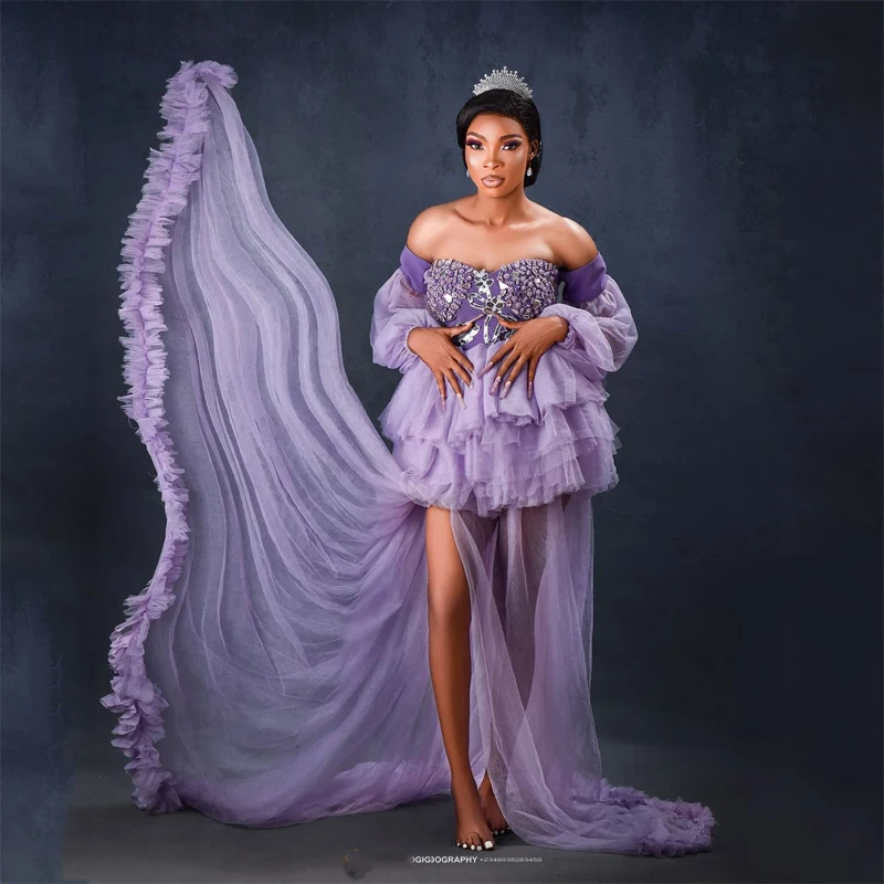 

Purple Exquisite Elegant Prom Dresses Off The Shoulder Long Sleeves Tulle Tiered Women Evening Party Gowns Plus Size Custom Made