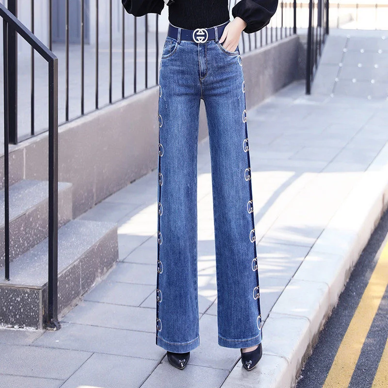 Diamond Studded Wide Leg Women's 2021  Spring And Autumn New High Waist Drop Feeling Versatile Micro Pull SLIM STRAIGHT Jeans