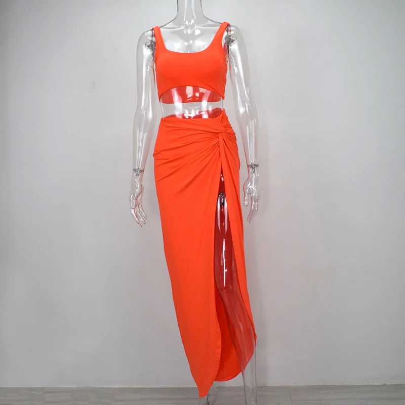 

Women Two Piece Outfits Female Ruched Sexy Party Plus Size Crop Top Tank and Twist Side Split Long Skirts Matching Sets G1915
