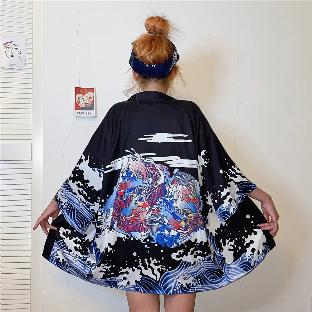 Женская кардиган Хараджуку с развязанными пуговицами сине-черного цвета 2020 года, японская мода кимоно, летняя блузка, повседневная женская одежда, кимоны для косплея.