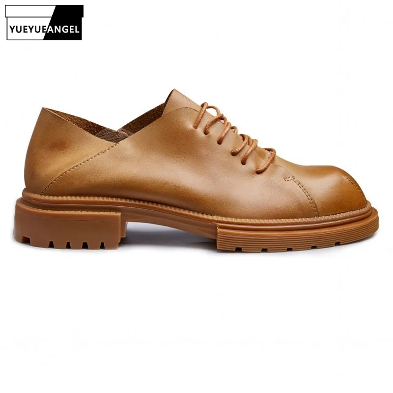 

British Style Round Toe Mens Low-Top Lace Up Casual Autumn Thick Bottom Height Increasing Genuine Leather Male Dress Shoes