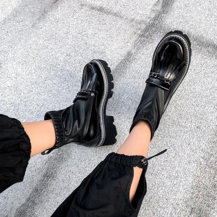 Buono Scarpe/женские ботильоны с металлическими цепочками; полуботинки с эластичными кисточками; черная обувь на платформе в стиле панк; Mujer; женские носки;