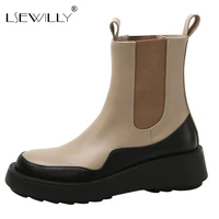 lsewilly 2021 newest flat platform shoes women chelsea boots stretch slip on winter genuine leather shoes women ankle boots