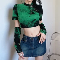 femotwin punk women print t shirt casual rope short sleeve short shirt pullover streetwear cool girl green cotton shirt blouse