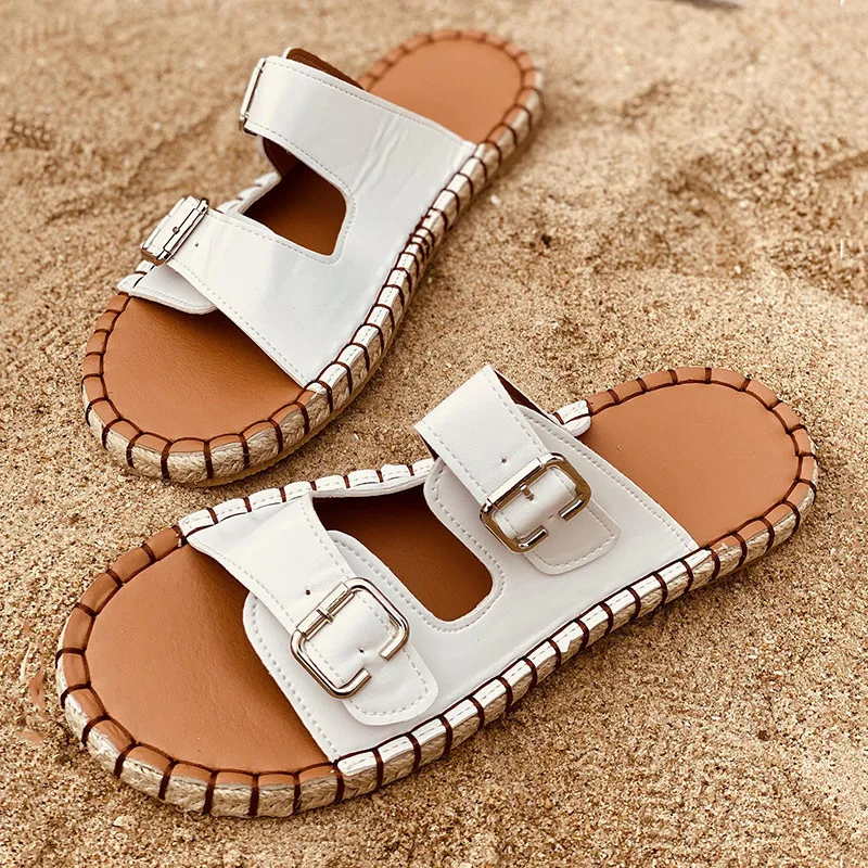 

Summer Women Leisure Sandals Double Adjustable Buckle Flat Heel Sewing Cane Sole Outdoor Beach Shoes Ladies Casual Trend 2021