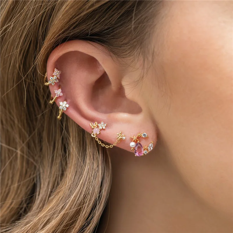 

Ins Fashion Star Moon Stud Earrings Cute Pink Zircon Crytal Earrings For Women Girls Ear Ring Korean Jewelry Brincos
