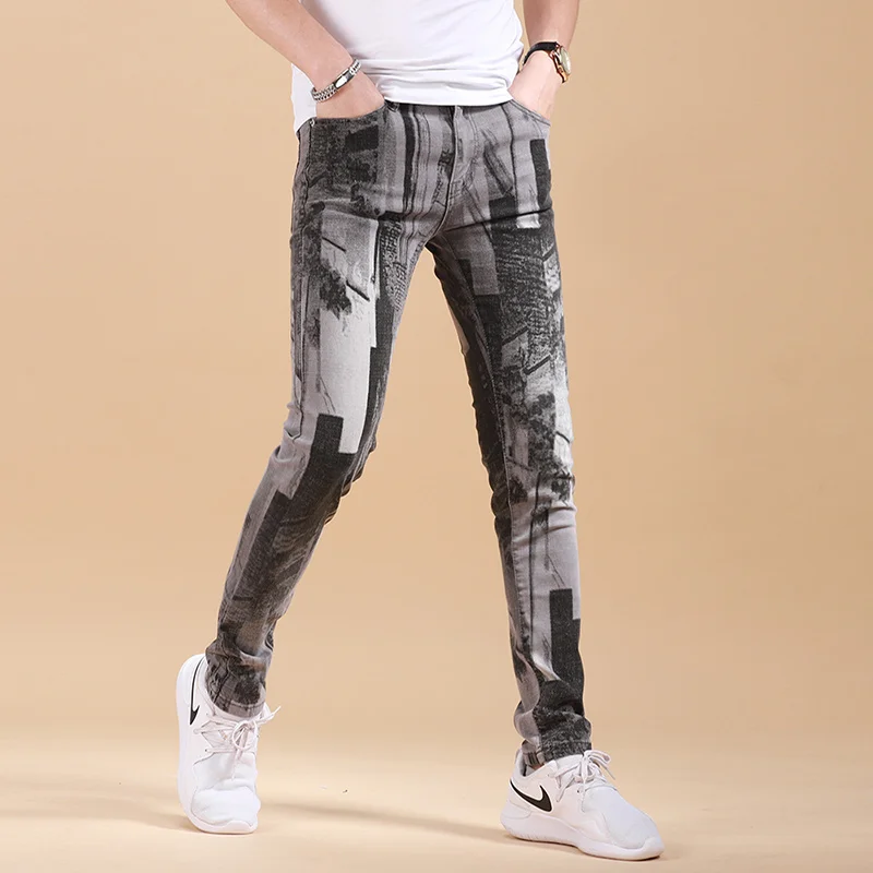 

Erkek Jean Pantolon Jeans Mens Summer Thin Slim Feet Fashion Printing Smoke Gray Men's Casual Designer Jeans Pantalones Vaqueros