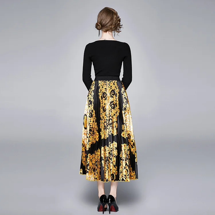 

Autumn Women Long Sleeved Knit Tops Shows Slim Pleated Skirt Sets 2 piece set Ladies Sweater Top + Skirt Suits 2 piece outfits