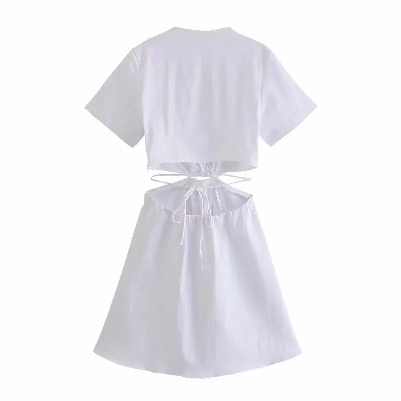 

ZA Summer Women Hollow Out Dress 2021 Solid V-Neck Casual Pleated Party Vestido Elegant Short Sleeve Fashion Girl Outfits
