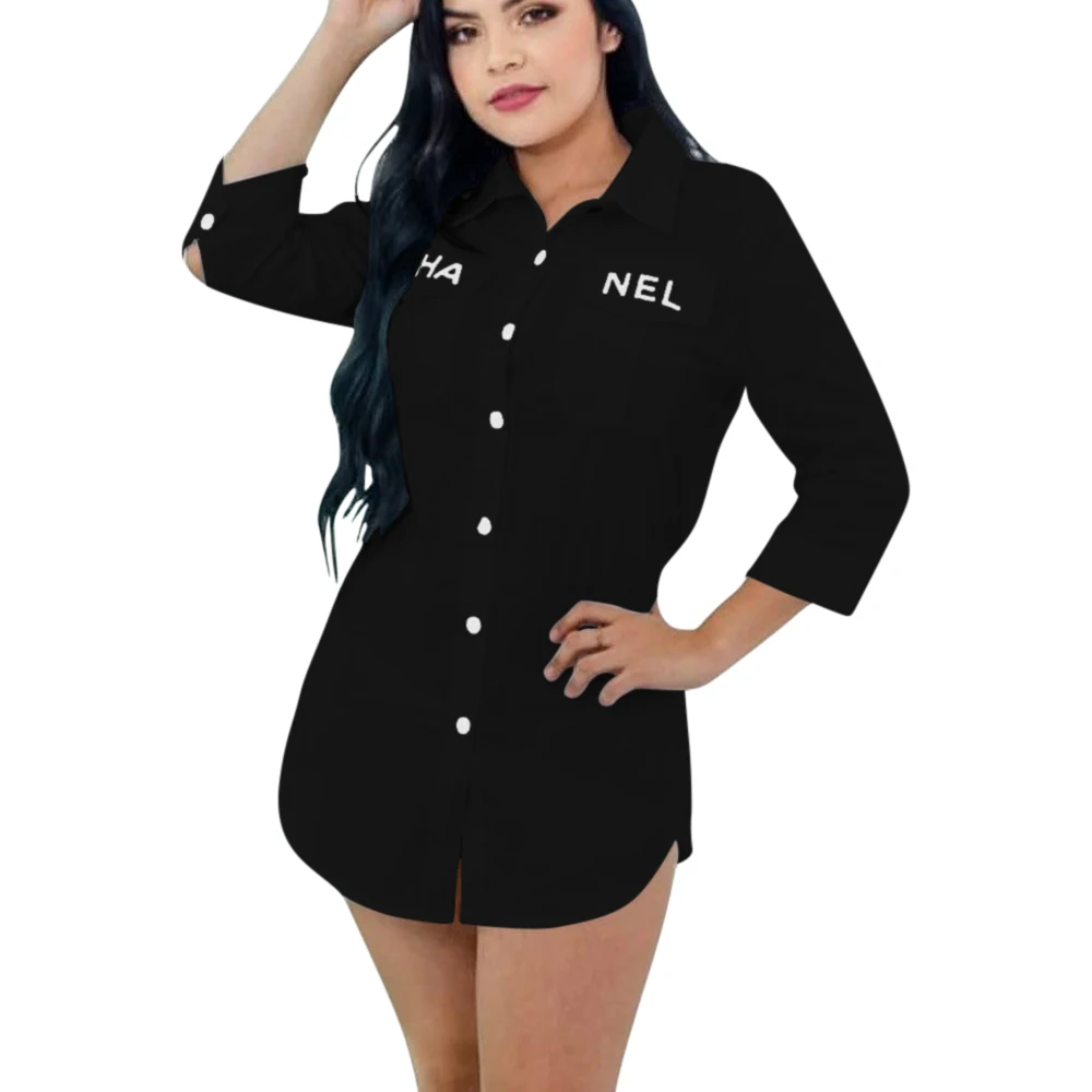 

Fashion Autumn Streetwear Femme Black White Single-Breasted Long Shirt Turn-Down Collar Three Quarter Sleeve Blouses