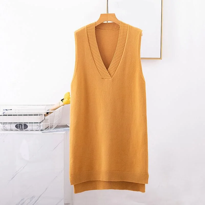 Осенне-зимнее вязаное платье-свитер без рукавов женское платье-жилет Женский