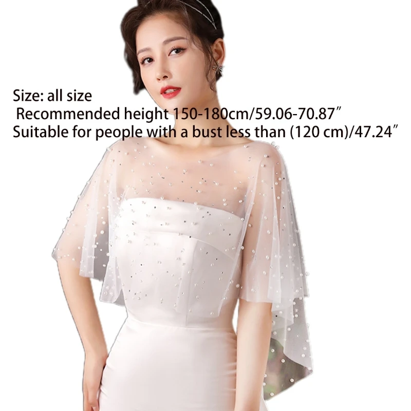 

Women Sheer Tulle Pleated Wedding Shawl Rhinestone Pearl Beads White Capelet Bolero Vintage High Low Shrug Wrap Cover Up
