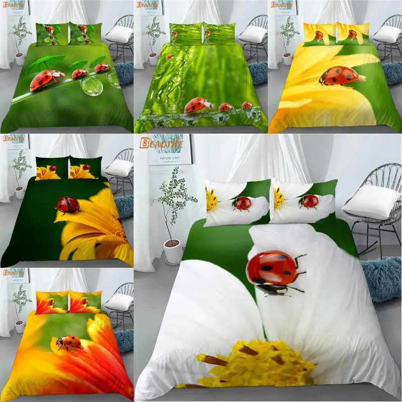 Funda n&oacute;rdica con estampado de mariquita y animales para ni&ntilde;os, juego de cama de tela de poli&eacute;ster con 2 fundas de almohada, 1009, gran oferta-0