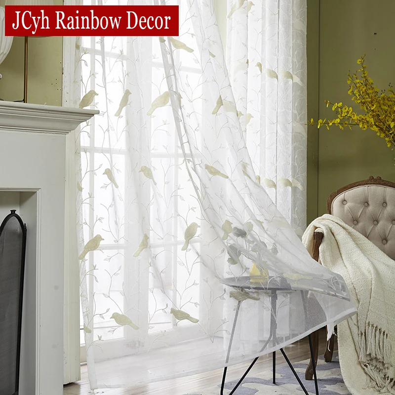 Pastoral Style Bird Embroidered Curtains For Living Room White Sheer Curtains Tulle For Kitchen Window Curtains Fabric Voile