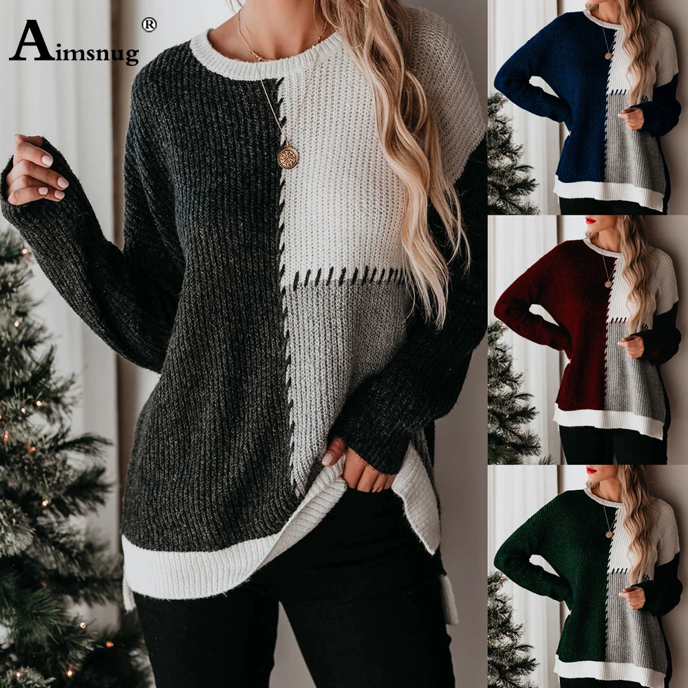 

Aumsnug Ladies Elegant Leisure Casual Sweater Women's Top Long Sleeve Patchwork Color Pullovers Knitted Sweaters Femme Clothes