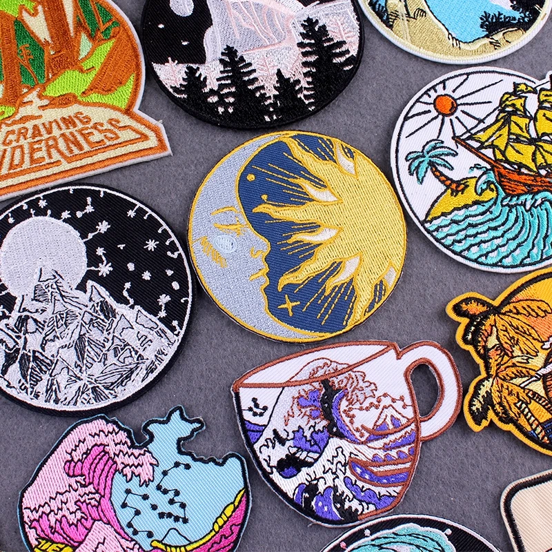 

DIY Sea Wave Clothes Stripes Embroidered Patch Wilderness Patch Iron On Patches For Clothing Mountain Camping Patches On Clothes