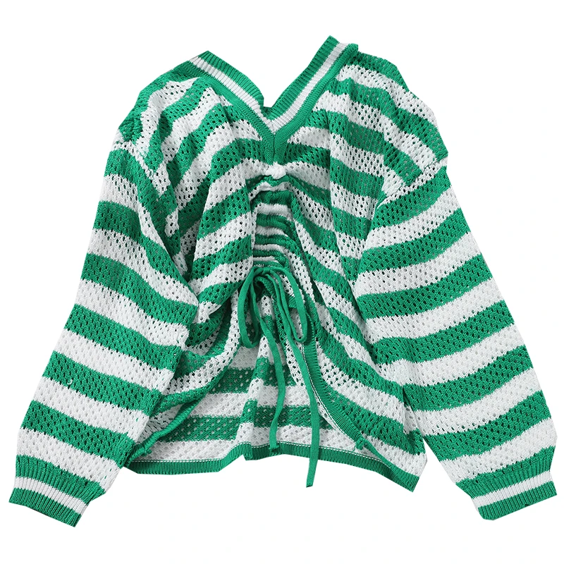 

Korean Contrast Color Striped Knitted Tops Long Sleeve Drawstring Pleated V-neck Pullover Knitwear 2020 New Bow Casual