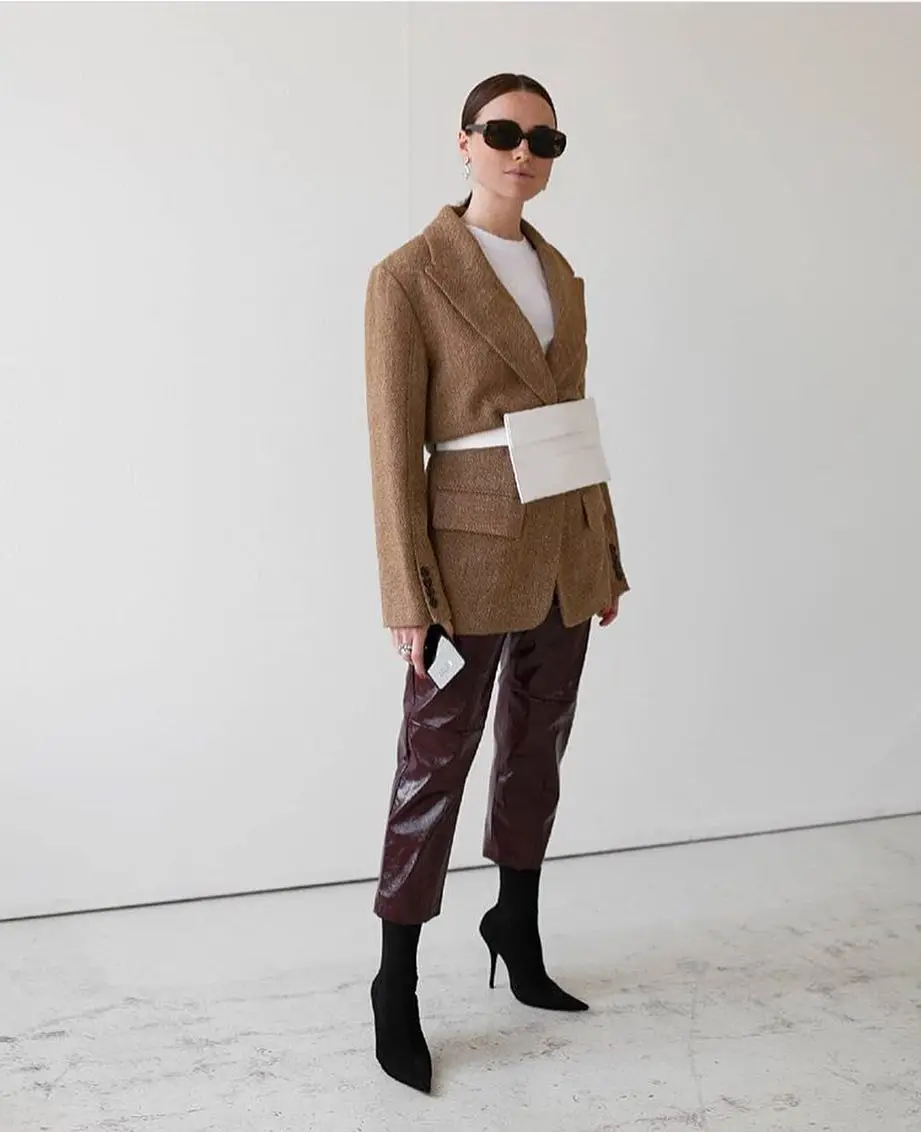 Модные коричневые брюки из искусственной кожи длиной 7/8 легкие элегантные виниловые широкие ленивые