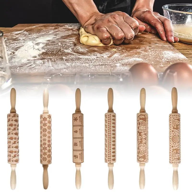 

Christmas Snowflake Elk Pattern Embossed Rolling Pin DIY Pizza Pasta Cookie Fondant Cake Decorating Kitchen Baking Accessories