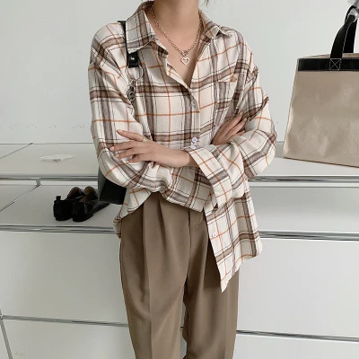 Женская винтажная рубашка в клетку универсальная простая Свободная уличном