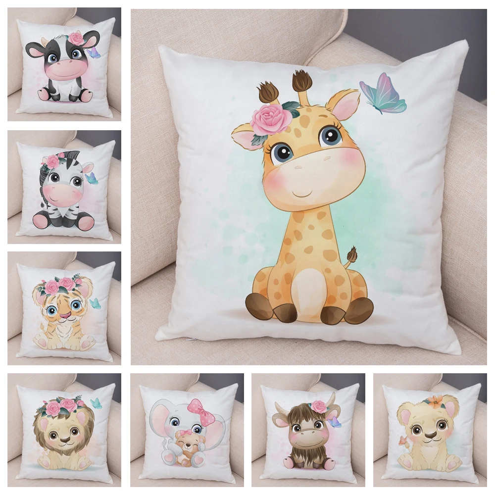 Cute Giraffe Lion Cow Pillow Case Decor Cartoon Animal Print Cushion Cover Soft Plush Pillowcase for Children Room Sofa Home