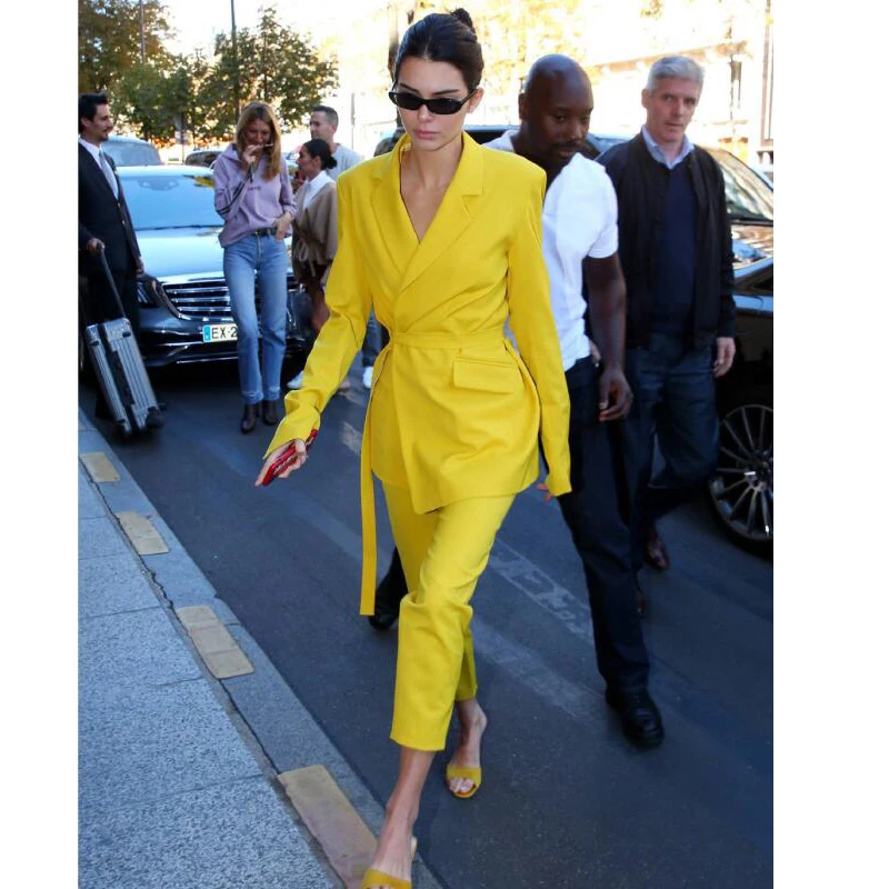 Женский облегающий костюм-Блейзер желтый костюм с брюками офисная одежда