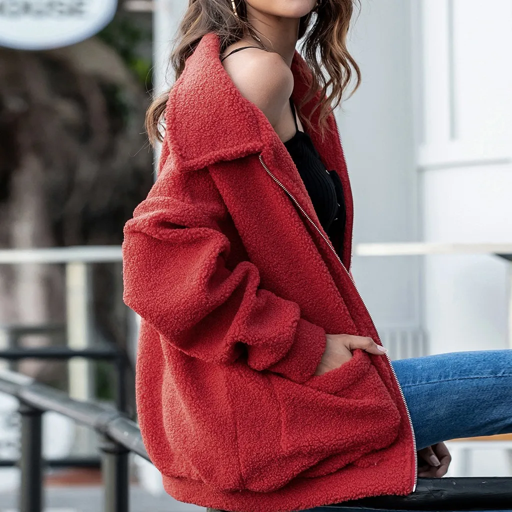 

2020 Fashion Women Lady Winter Villus Top Long Sleeve Blouse Loose Zipper Coat Fashion Atmosphere Round Neck Simple Short