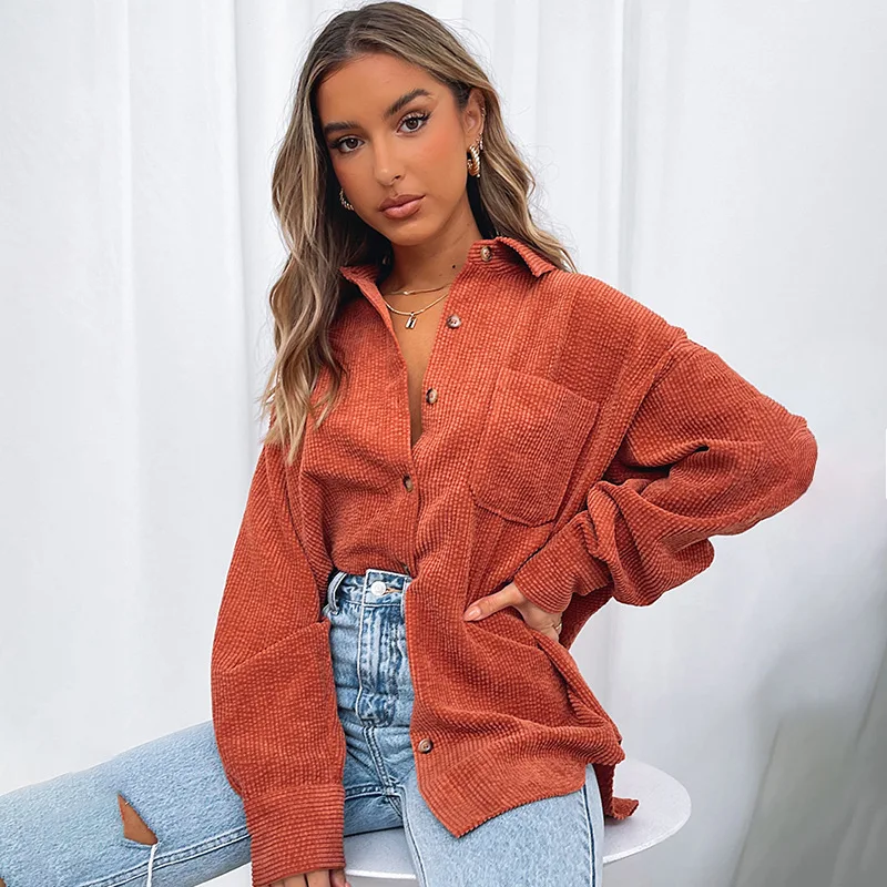 

Spring New Women Solid Corduroy Vintage Oversized Blouse Turn-Down Collar Button Up Batwing Sleeve Shirt Autumn Casual Tops