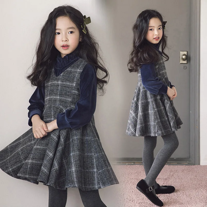 

Spring Autumn Girls Clothing V-neck Plaid Vest Dress Korean Style Princess Dress Lapel Kids CLothes DT649
