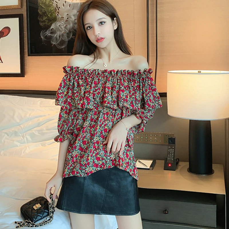 

2021 Korean Vintage Floral Women Blouses Print Short Sleeve Casual Shirts Women Sexy Off Shoulder Women Blusas De Mujer 9377 50
