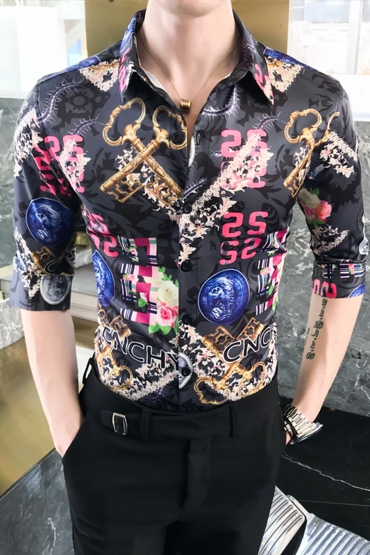 

Luxury Print Men Shirt Casual Slim Fit Streetwear Social Shirt Short Sleeve Brand Night Club Party Tuxedo Blusa Chemise Homme