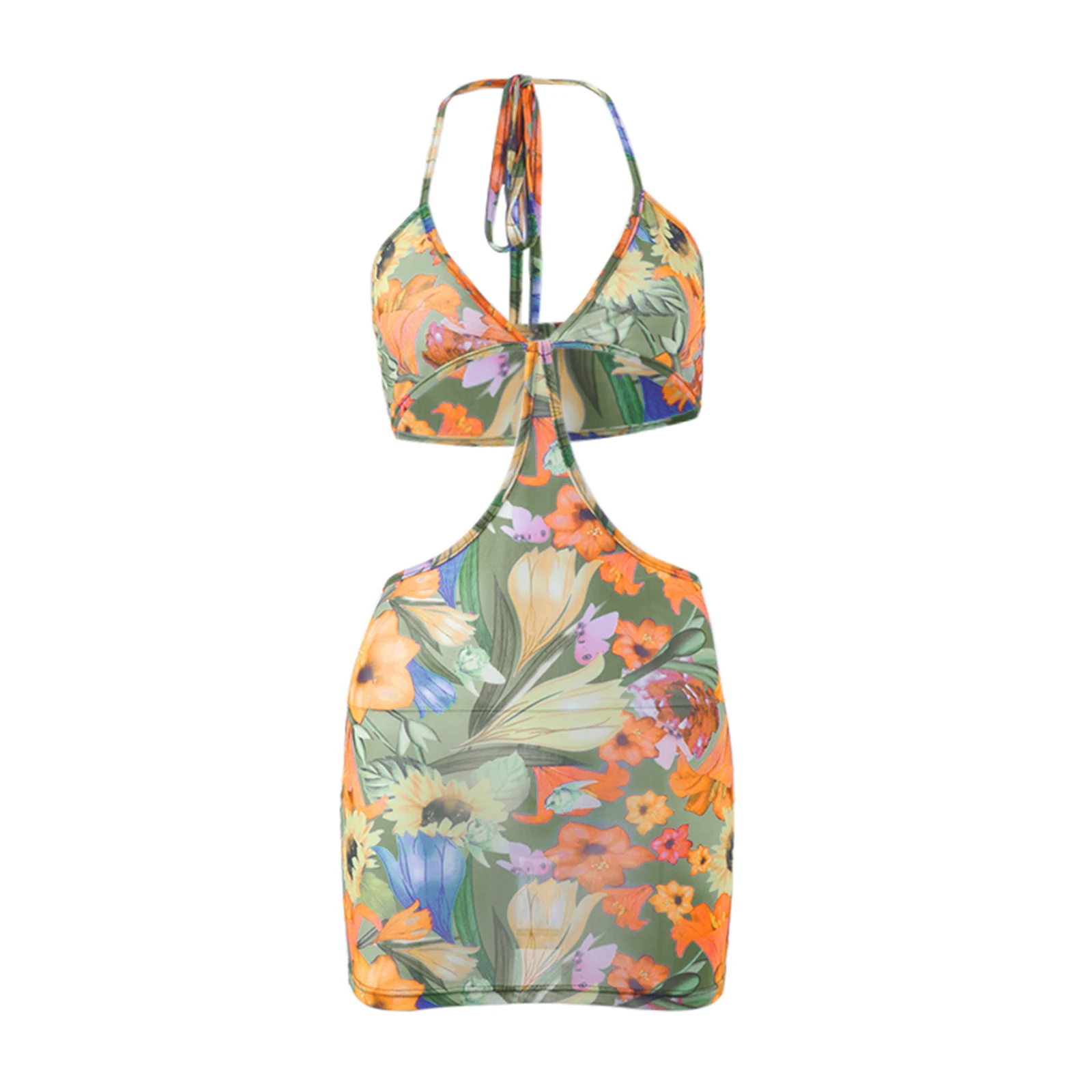 

Women Sexy Close-fitting Dress, Multicolor Floral Printed Pattern V-neck Sleeveless One-piece