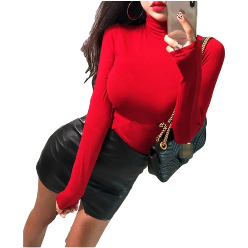

Turtleneck Spring Top Sexy T Shirt Women Elasticity T-Shirt Korean Tee Woman Clothes Slim Tshirt Female Skinny Long Sleeve Tops