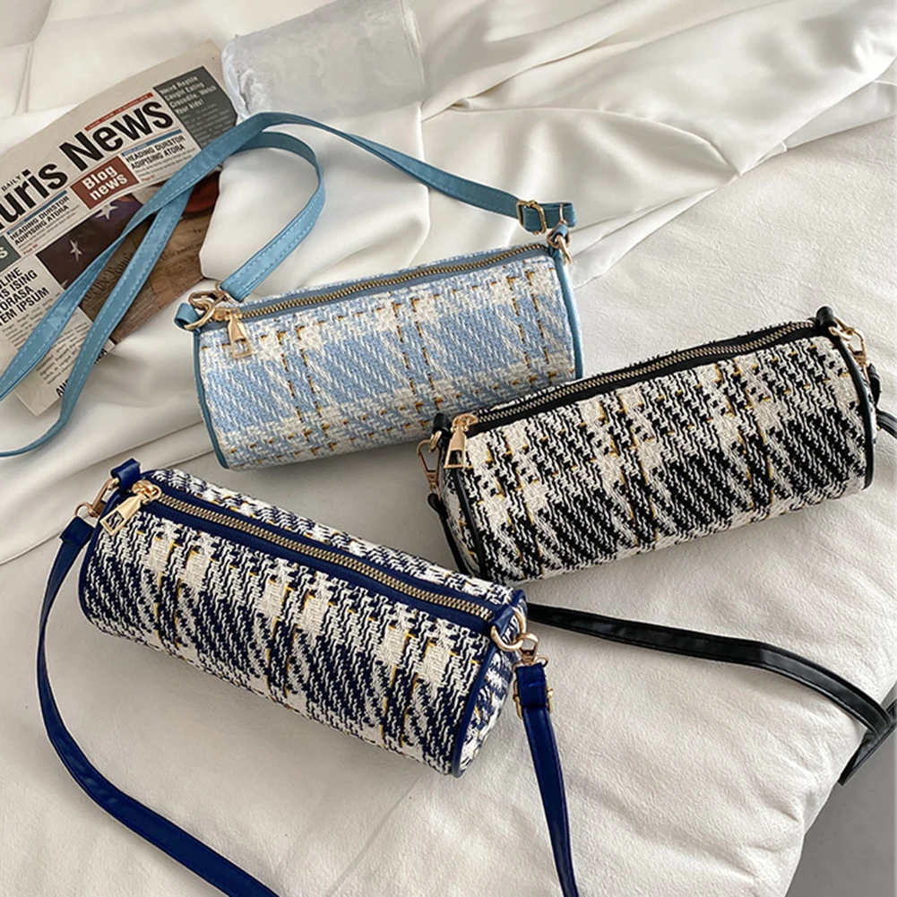 

Female Vintage Plaid Print Cylinder Shoulder Bag Cloth Woven Crossbody Bags Women Casual Small Handbags for Girls