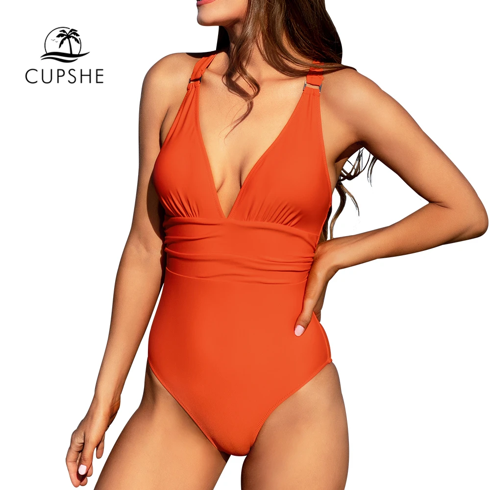 CUPSHE однотонный оранжевый Цельный купальник с v образным вырезом сексуальный