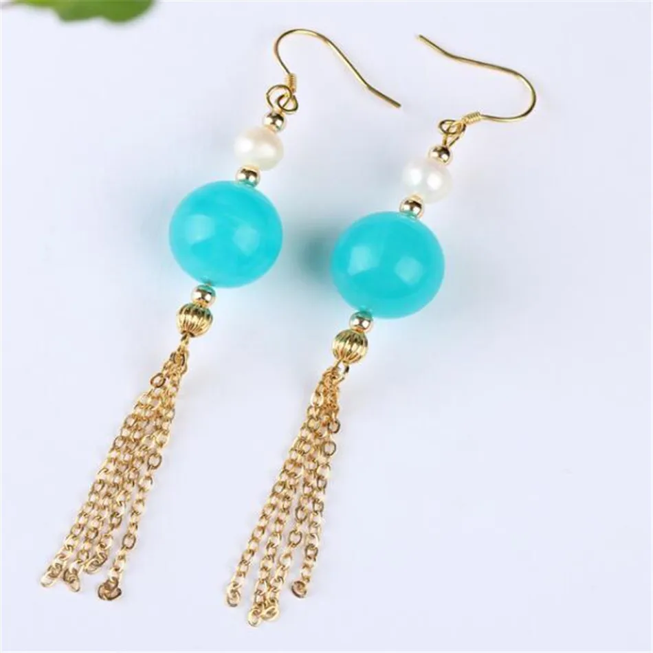 

Государственные белые жемчужные синие амазониты золотые серьги вечерние женщины день Святого Валентина красивые культивированные ювелир...