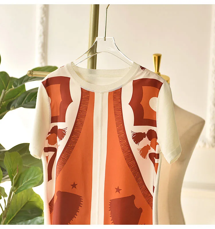

Vintage Style Digital Printed Silk Top Women's Summer Stitching Knitted Short Sleeve Silk Shirt