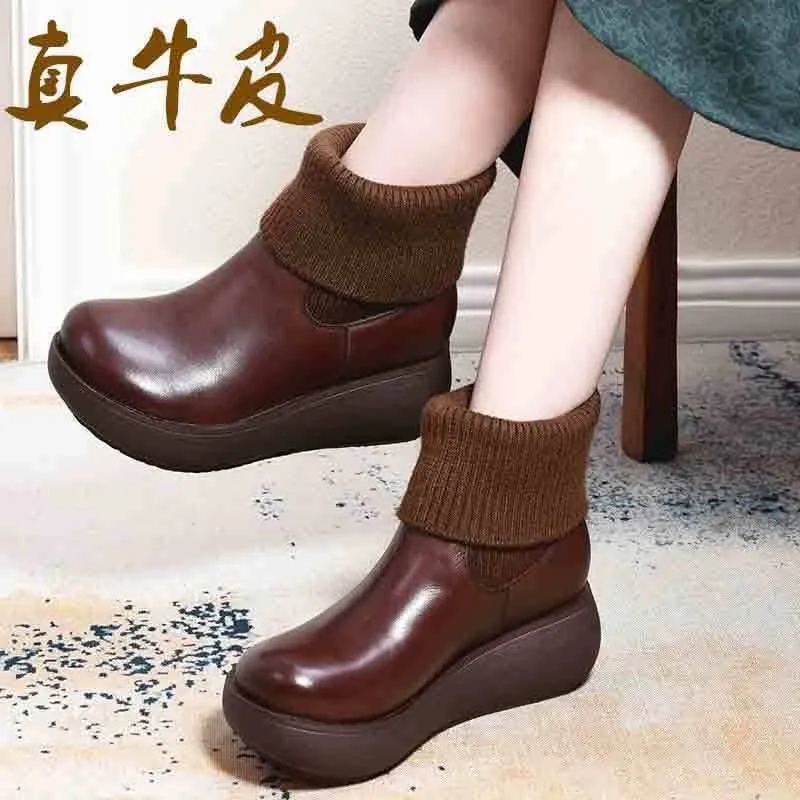 

Winter Women's Boots Fashion High-heeled Soft-soled Leather Short Boots Casual Mid-top Boots Calf Boots Fashion Platform Boots