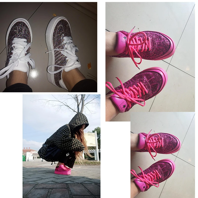 

Fashion Red Silver Shoes Women Glitter Sneakers Summer Bling Flats Lace-up Sparkly Casual Breathable Tenis
