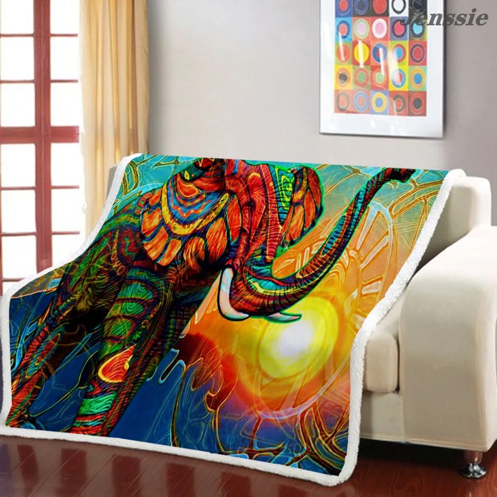 

Flower Printed Elephant Blanket Living Room Sofa Plush Throw Blanket Dumbo Printed Sherpa Blanket Oil Painting Animal Blanket