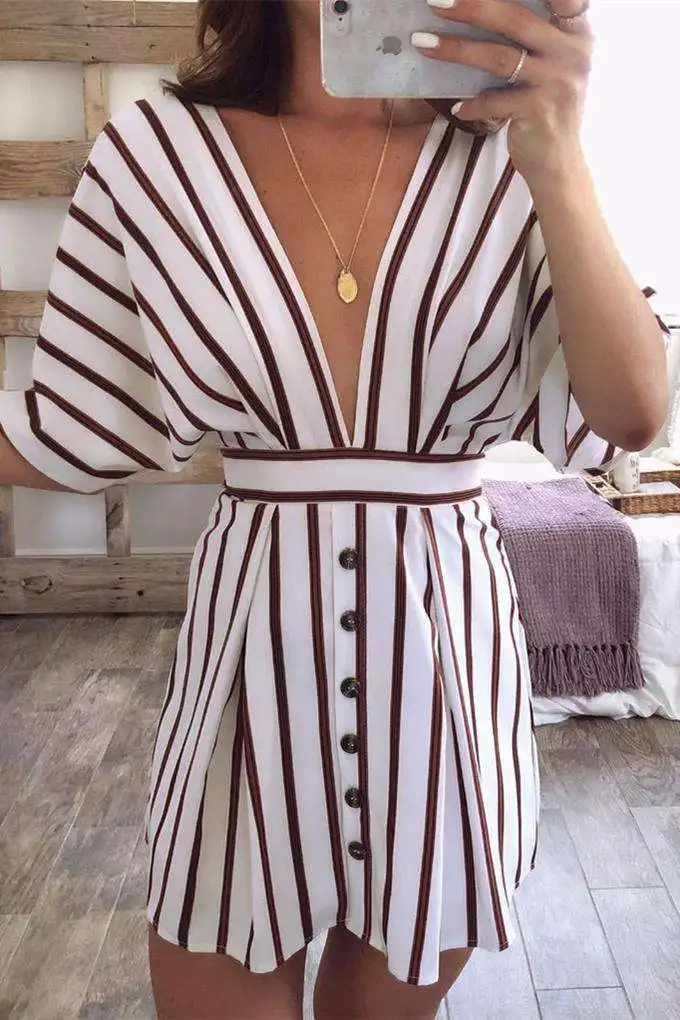 

Deep V Neck Bandage Striped Dress