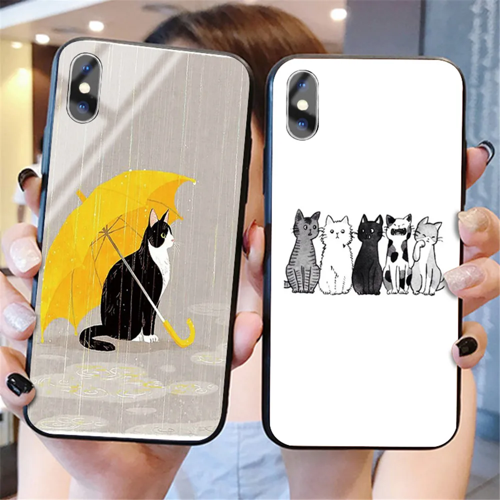 Забавная Милая задняя крышка с изображением кота для iphone XS Max XR X 5 5S 6 6S 7 8 Plus 11 Pro Max, милые чехлы из закаленного стекла